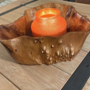 Stunning Burlwood Birdseye Wooden Bowl Vintage 12.5” long 10” wide 4” tall